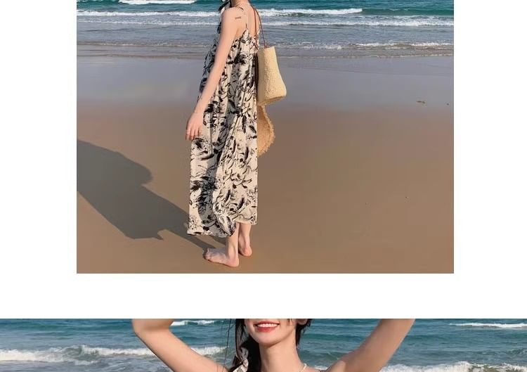 Print Strap Floral Spaghetti Maxi V-Neck Dress