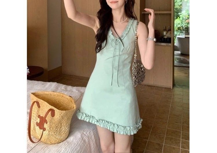 V-neck Mini Trim Dress Sleeveless Ruffle
