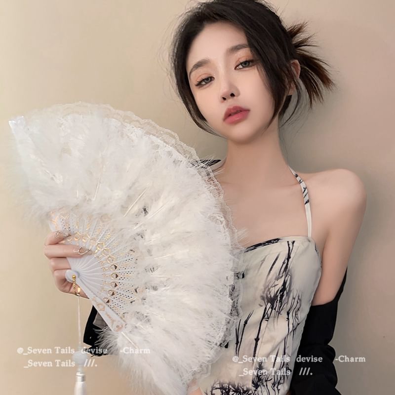 Foldable Fan Feather Hand Lace Tassel