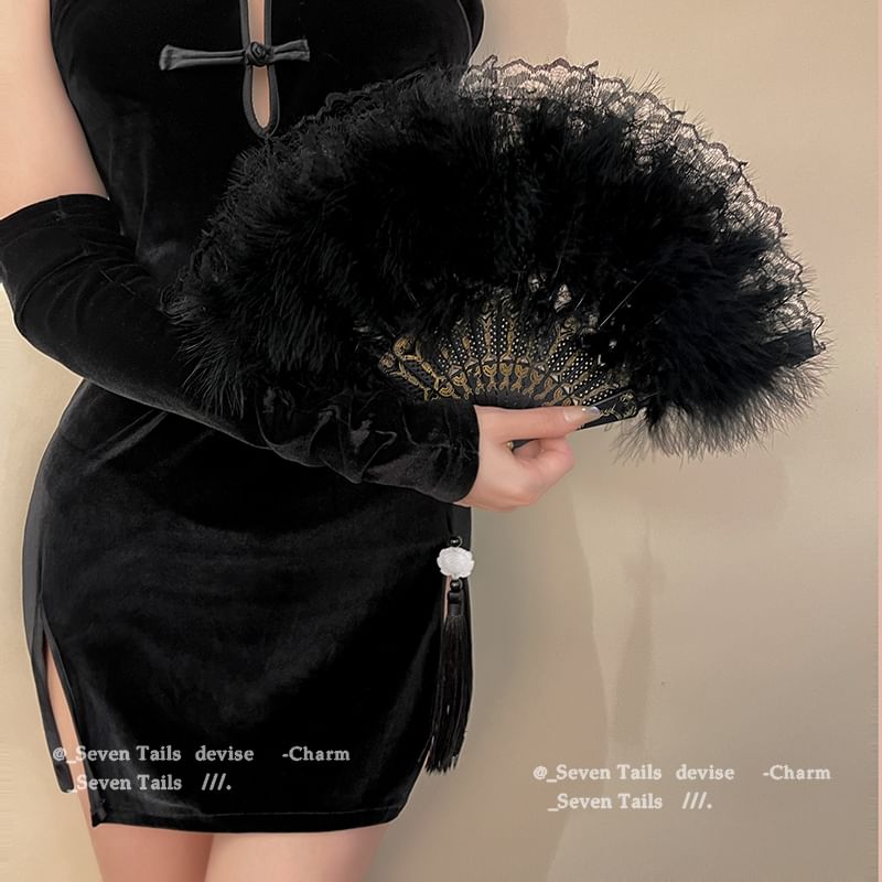 Foldable Fan Feather Hand Lace Tassel