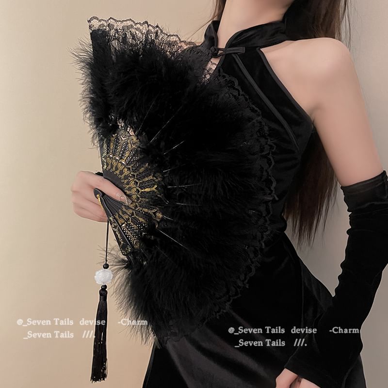 Foldable Fan Feather Hand Lace Tassel