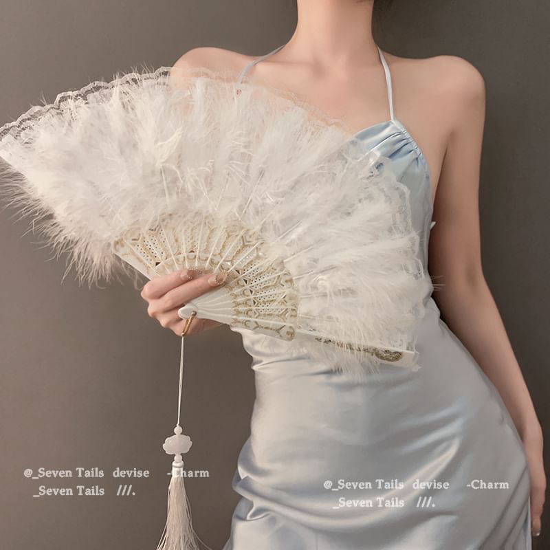 Foldable Fan Feather Hand Lace Tassel