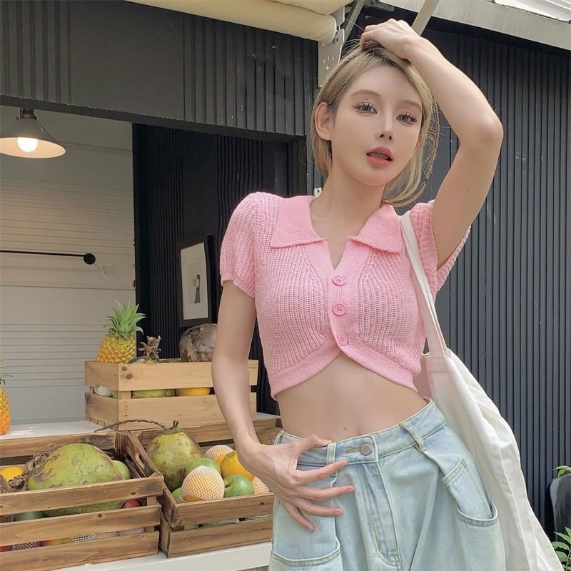 Knit Plain Short-Sleeve Collared Top Crop