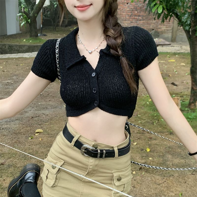 Knit Plain Short-Sleeve Collared Top Crop