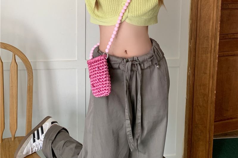 Knit Plain Short-Sleeve Collared Top Crop