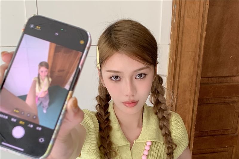 Knit Plain Short-Sleeve Collared Top Crop