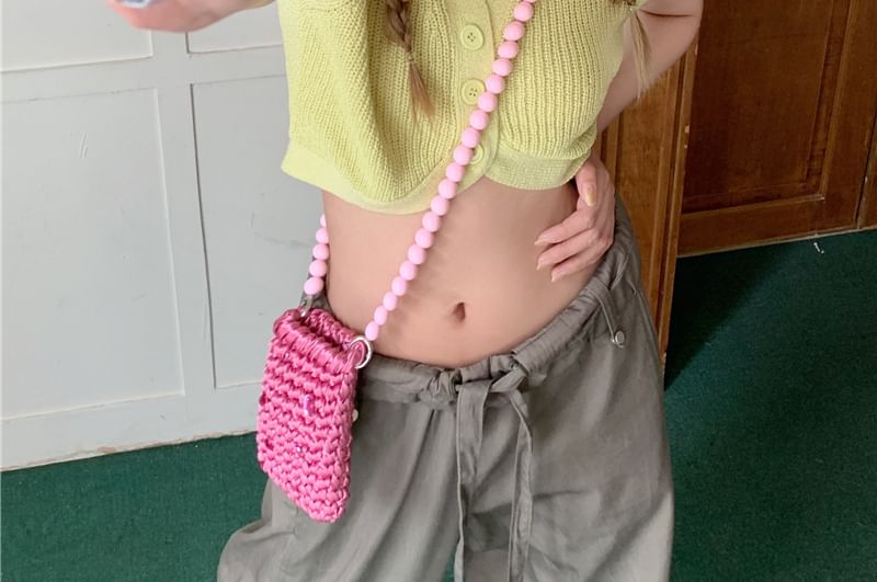 Knit Plain Short-Sleeve Collared Top Crop