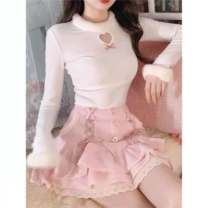 Skirt High Waist Knit Tiered Lace Mini Trim