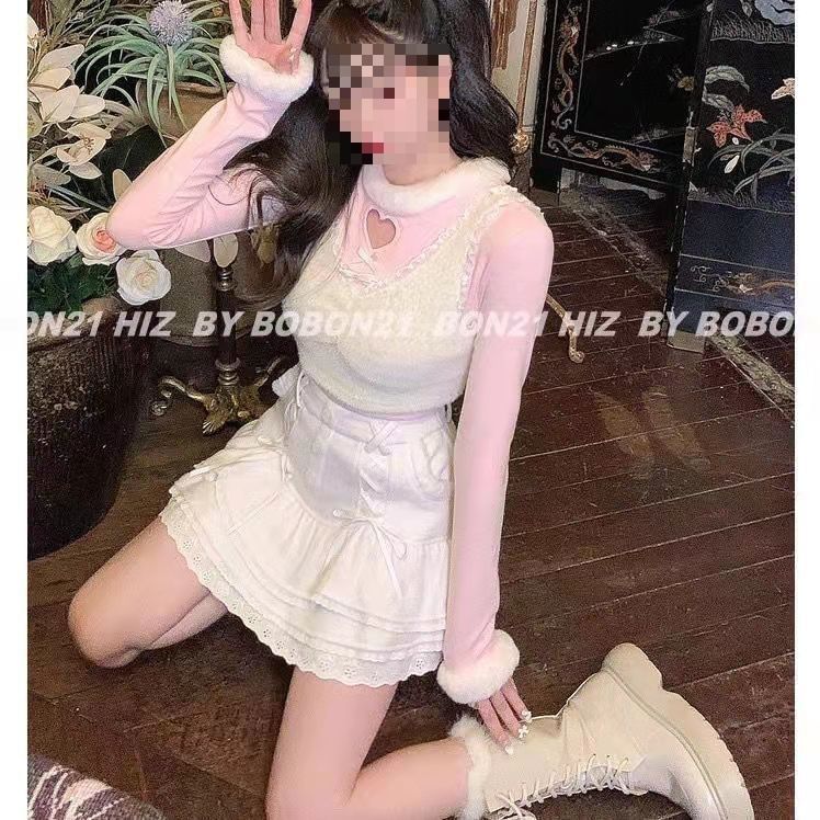 Skirt High Waist Knit Tiered Lace Mini Trim