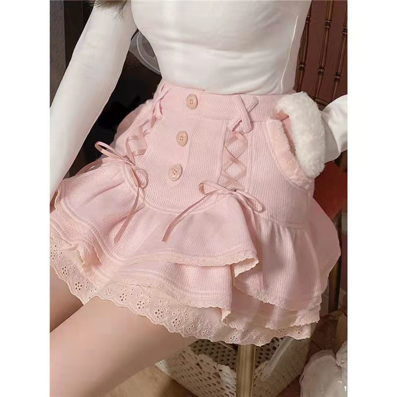 Skirt High Waist Knit Tiered Lace Mini Trim