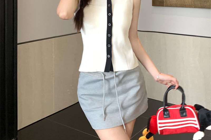 Sailor Collar Button-Up Knit Sleeveless Top