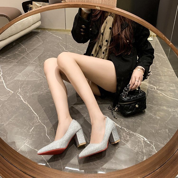 Heel Pointed Block Glitter Pumps Toe