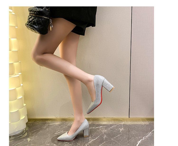 Heel Pointed Block Glitter Pumps Toe