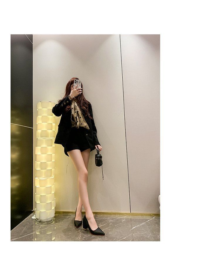 Heel Pointed Block Glitter Pumps Toe