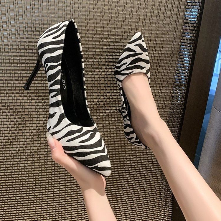 Print Stiletto Zebra Toe Pumps Pointed