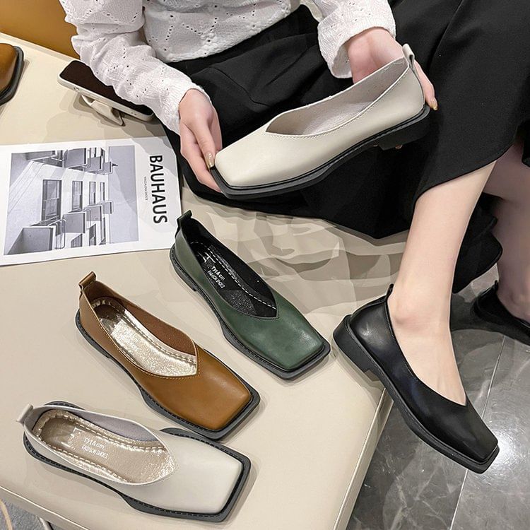 Toe Square Leather Faux Flats