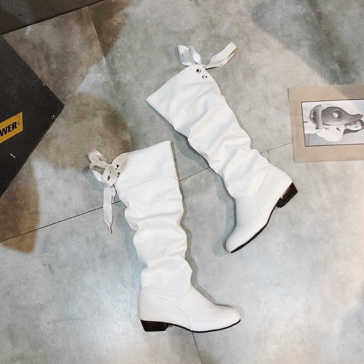 High Ruched Bow Boots Knee