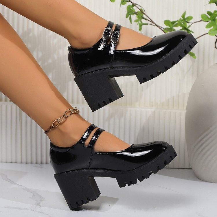 Platform Heel Pumps Leather Patent Mary Block Jane