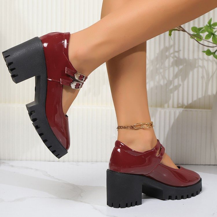 Platform Heel Pumps Leather Patent Mary Block Jane