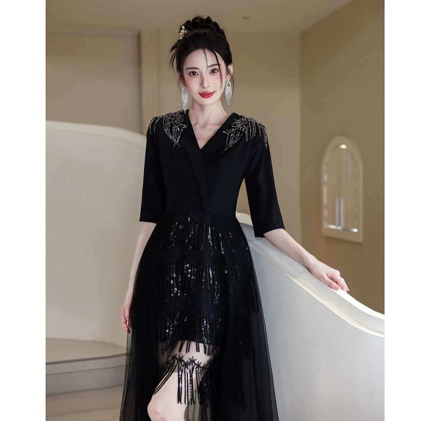 Elbow-Sleeve Rhinestone Glitter A-Line Evening Gown