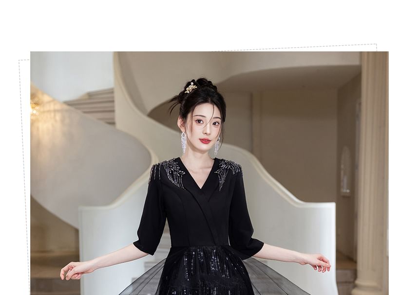 Elbow-Sleeve Rhinestone Gown A-Line Evening Glitter