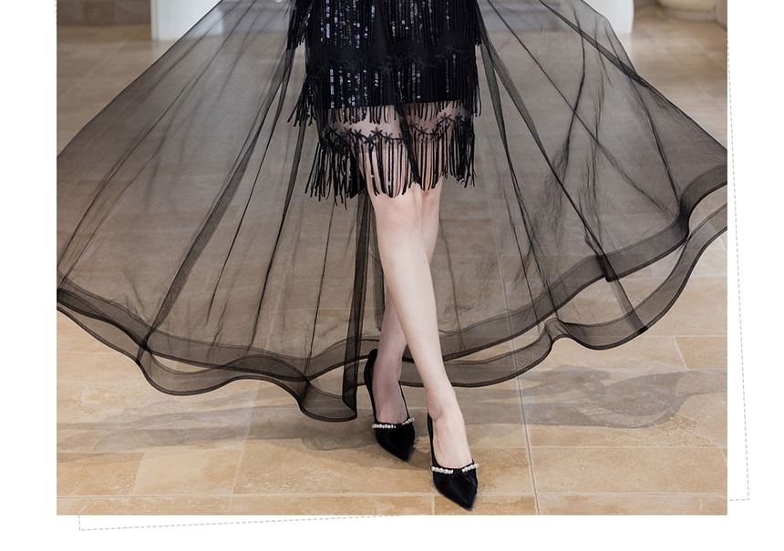 Elbow-Sleeve Rhinestone Gown A-Line Evening Glitter