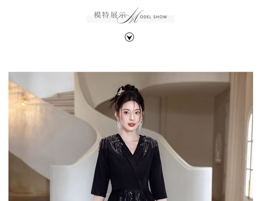 Elbow-Sleeve Rhinestone Gown A-Line Evening Glitter