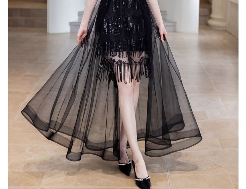 Elbow-Sleeve Rhinestone Gown A-Line Evening Glitter