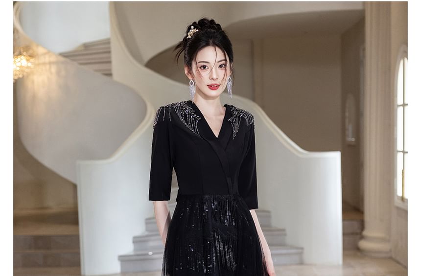 Elbow-Sleeve Rhinestone Gown A-Line Evening Glitter