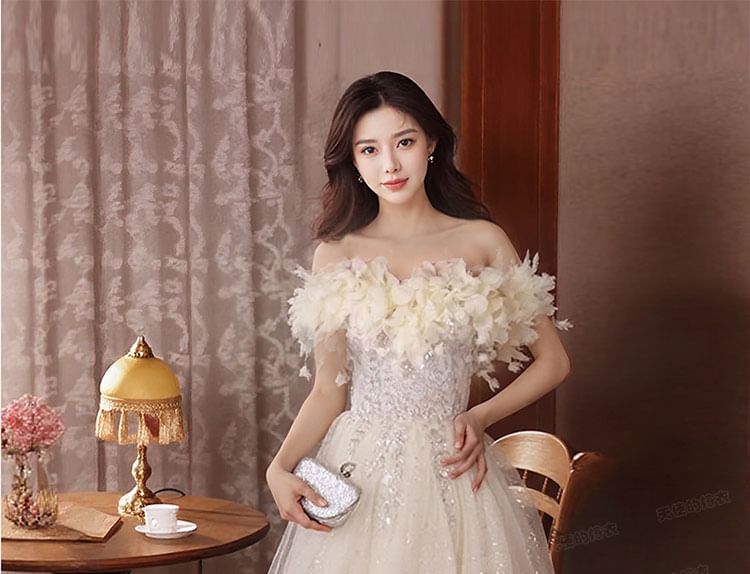 Flower A-Line Shoulder Gown Evening Off Embellished