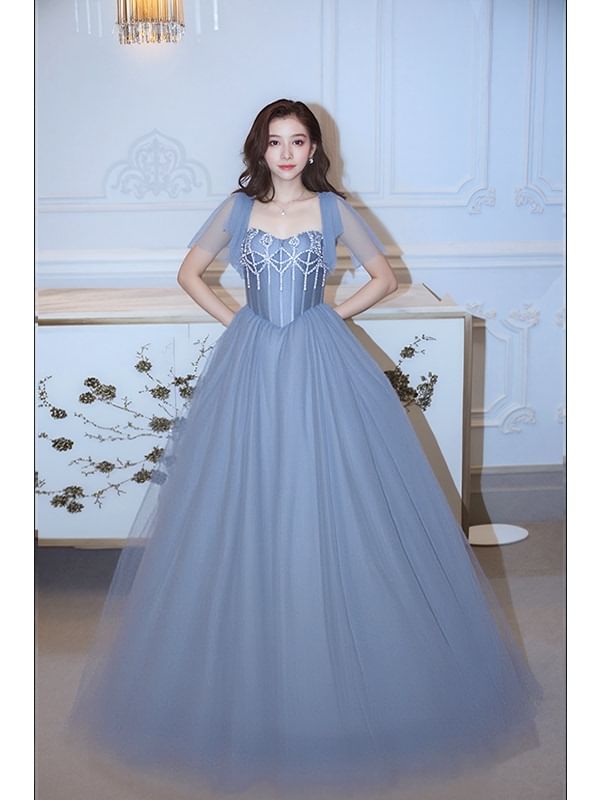 Gown Square Plain Evening Short-Sleeve Neck Rhinestone A-Line