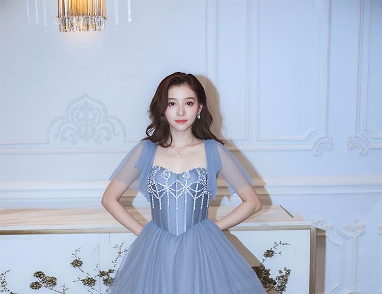 Gown Square Plain Evening Short-Sleeve Neck Rhinestone A-Line