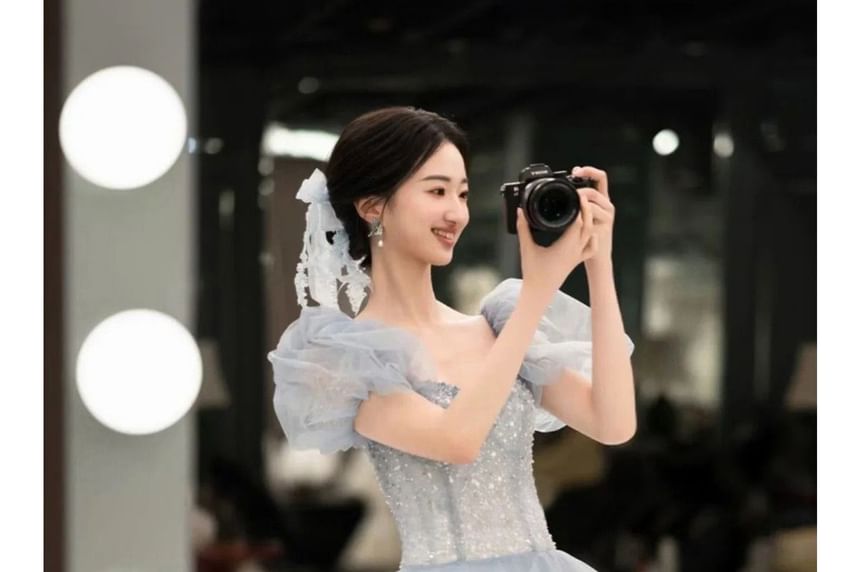 A-Line Neck Evening Sweetheart Sleeve Puff Gown