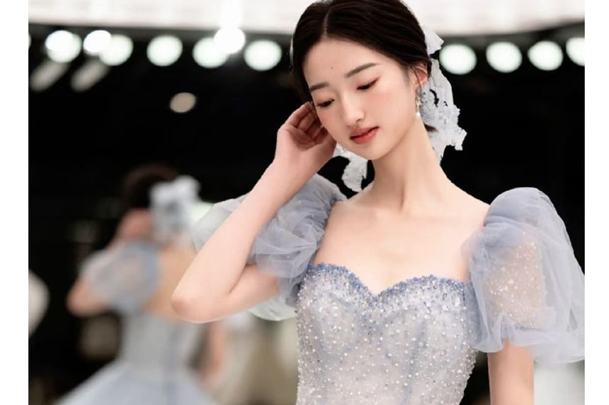 A-Line Neck Evening Sweetheart Sleeve Puff Gown