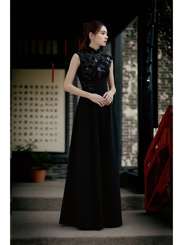 Evening Sleeveless Mock A-Line Neck Floral Embroidered Gown