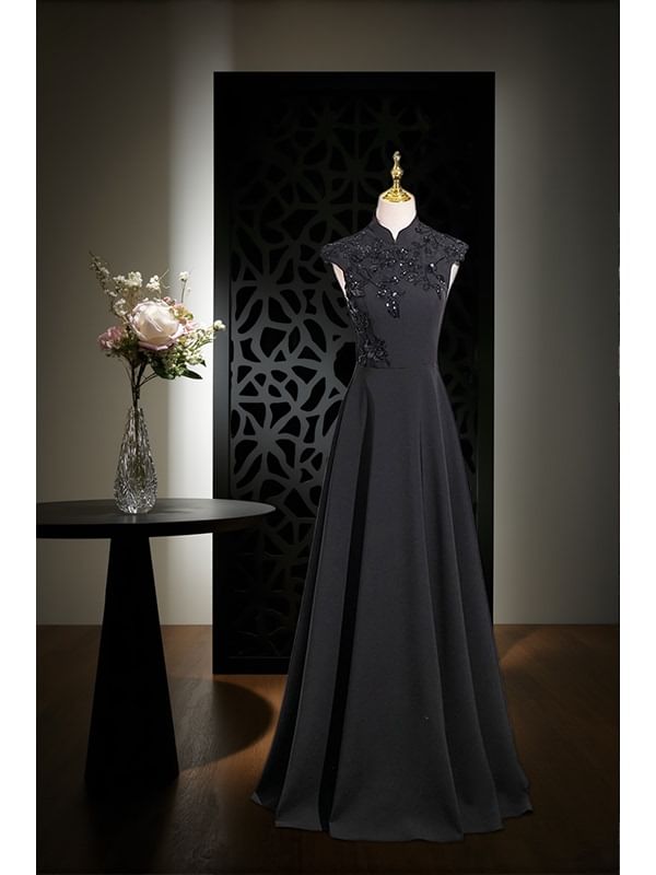 Evening Sleeveless Mock A-Line Neck Floral Embroidered Gown