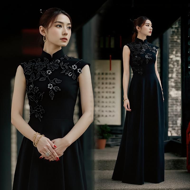 Evening Sleeveless Mock A-Line Neck Floral Embroidered Gown