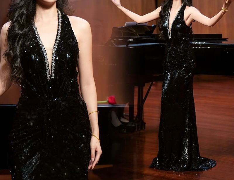 Gown Glitter Evening A-Line Sleeveless V-Neck Rhinestone