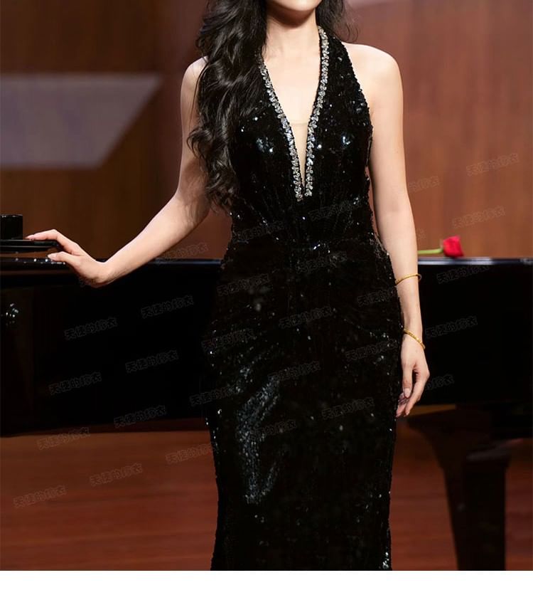 Gown Glitter Evening A-Line Sleeveless V-Neck Rhinestone