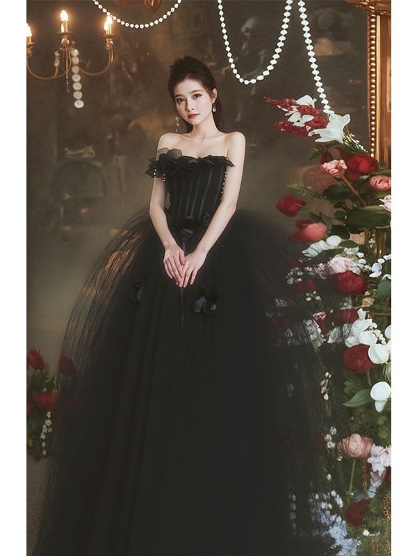 Plain Strapless A-Line Detail Flower Gown Evening