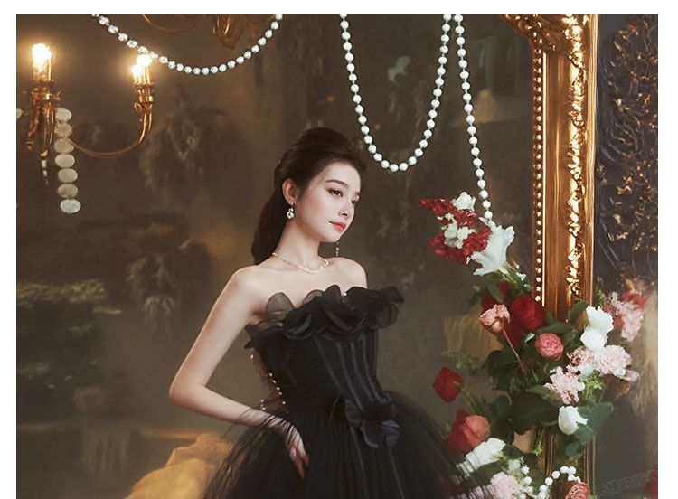 Plain Strapless A-Line Detail Flower Gown Evening