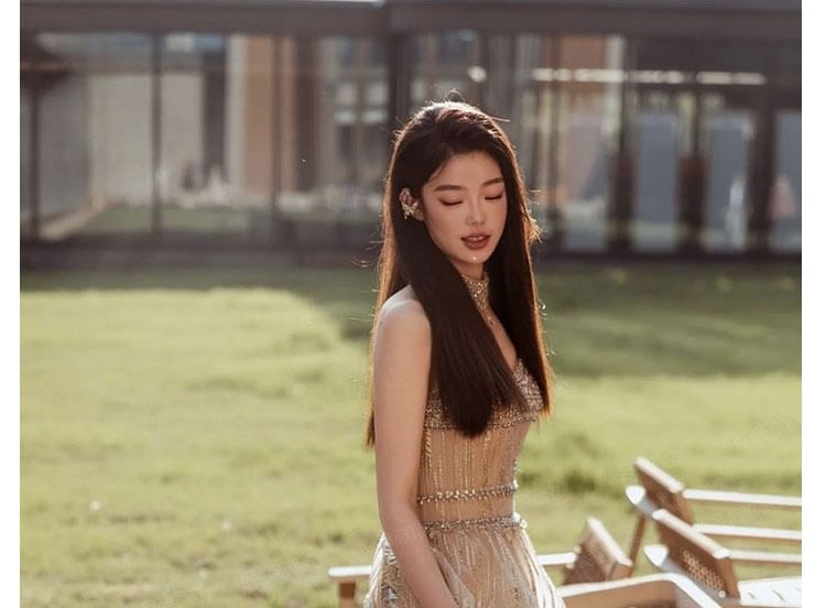 A-Line Strap Spaghetti Rhinestone Gown Evening