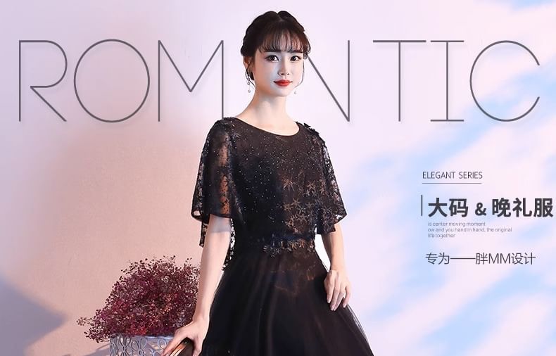 Designs) Panel A-Line Gown Lace Short-Sleeve Evening (Various