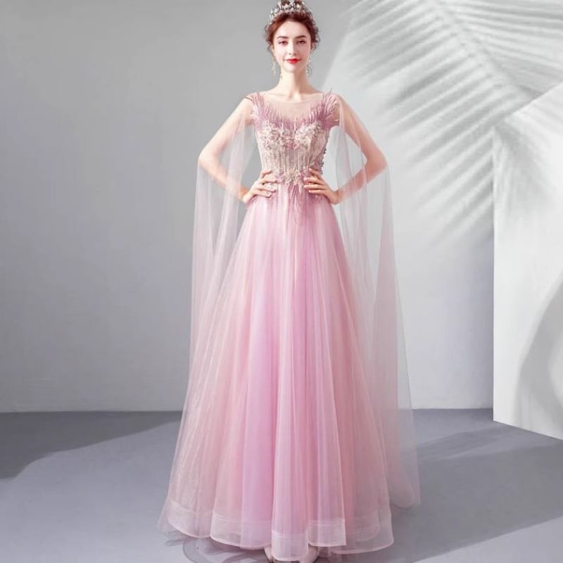 Gown A-Line Floral Cape-Sleeve Evening Embroidered Mesh