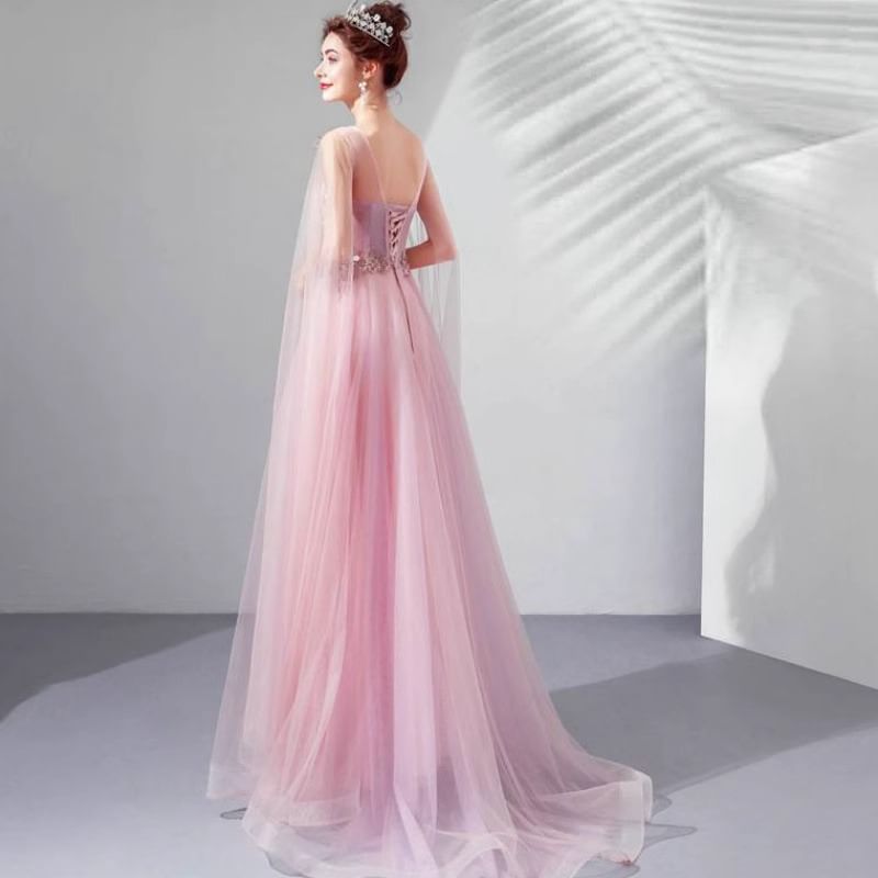 Gown A-Line Floral Cape-Sleeve Evening Embroidered Mesh