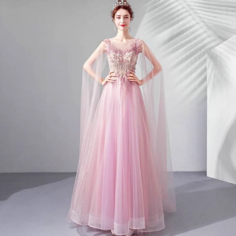 Gown A-Line Floral Cape-Sleeve Evening Embroidered Mesh