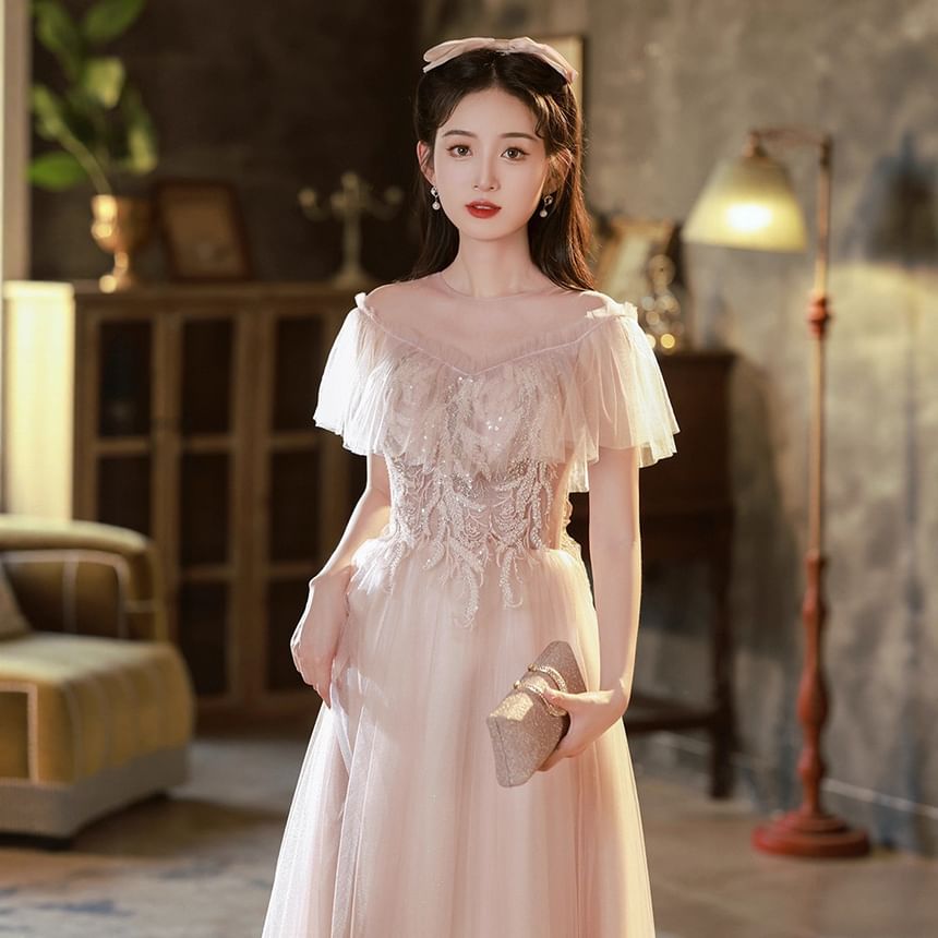 Evening Short-Sleeve Sequined A-Line Gown Designs) Ruffle Mesh (Various