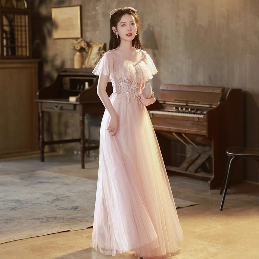 Evening Short-Sleeve Sequined A-Line Gown Designs) Ruffle Mesh (Various