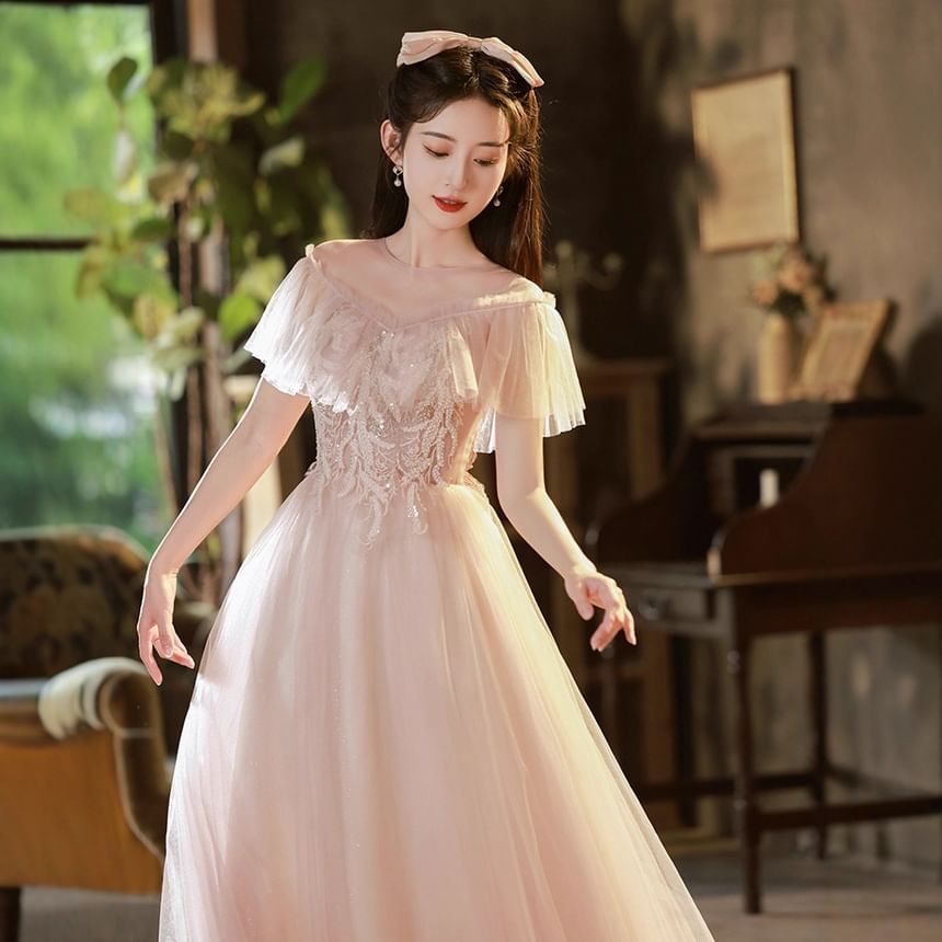 Evening Short-Sleeve Sequined A-Line Gown Designs) Ruffle Mesh (Various