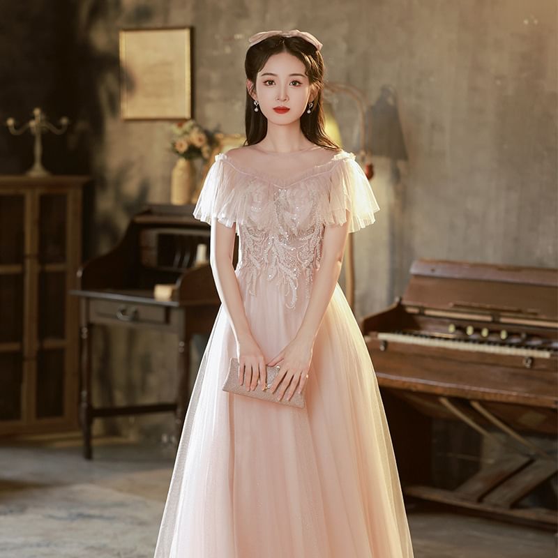 Evening Short-Sleeve Sequined A-Line Gown Designs) Ruffle Mesh (Various